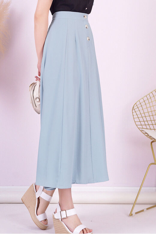 Fine Back Waistband Button Down Pleated Side Slit Long Maxi Skirt (Light Grey Blue)